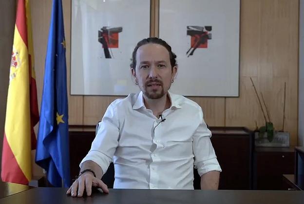 El vicepresidente del Gobierno, Pablo Iglesias, en un fotograma del vídeo difundido ayer por Podemos. 