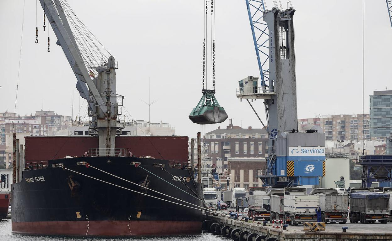 Operartiva de estiba de graneles en un mercante en el Puerto de Málaga. 