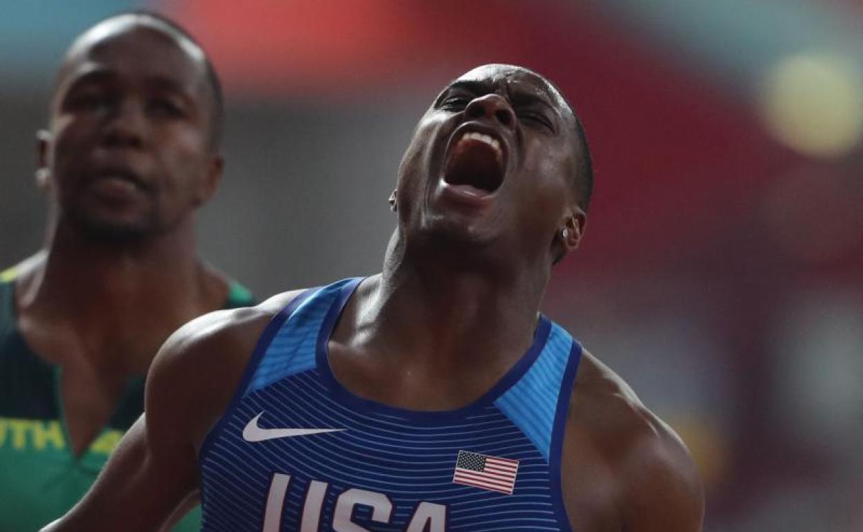 Christian Coleman, tras proclamarse campeón del mundo de 100 metros en 2019. 