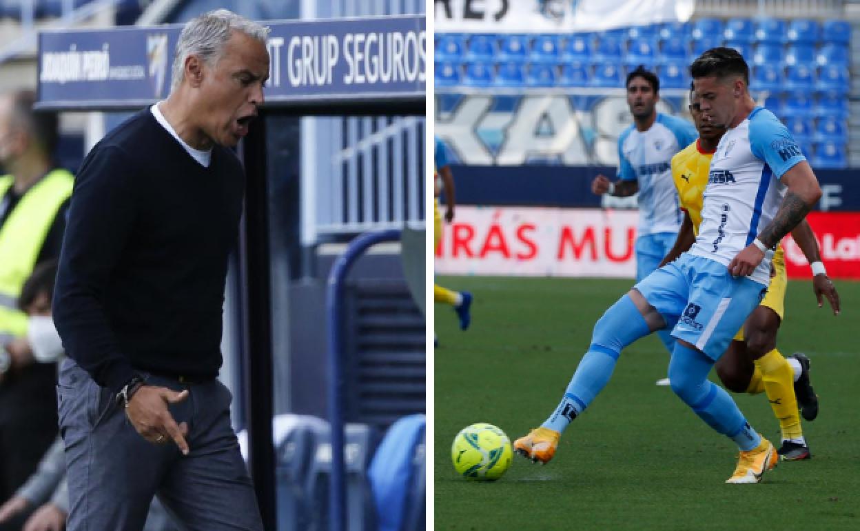 El entrenador del Málaga, Sergio Pellicer (i), y el jugador, Josua Mejías.