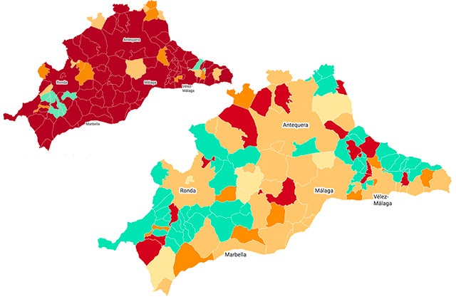 A la izquierda, mapa de la incidencia en los pueblos de Málaga del 21 de enero; a la derecha el mismo mapa este 21 de mayo