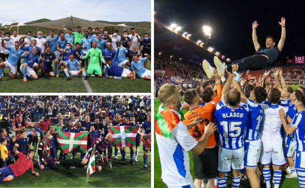 Celebraciones de Ibiza, Amorebieta y Real Sociedad 'B', tres de los cuatro equipos que ya son nuevos rivales del Málaga en Segunda División.