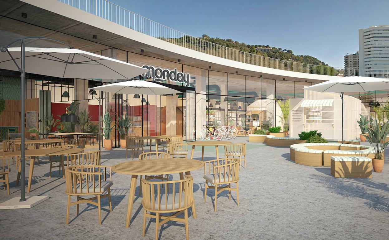 Recreación del centro de oficinas que Urbania International prevé abrir en la esquina de Muelle Uno bajo la marca Monday. 