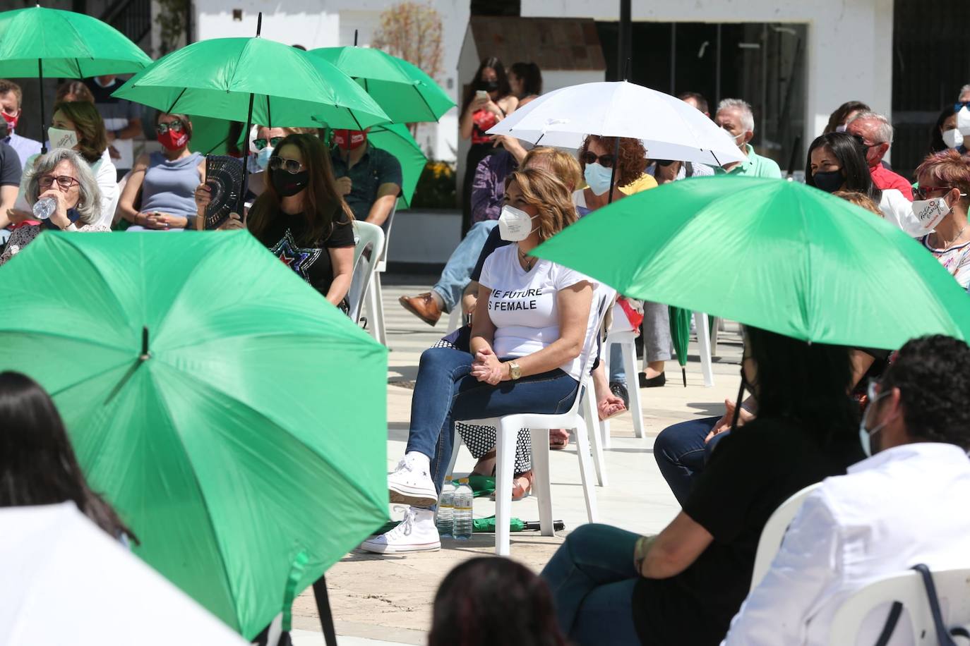 La secretaria general del PSOE en Andalucía y candidata a las primarias del próximo 13 de junio evita pronunciarse sobre los posibles indultos a los condenados del 'procés' durante un acto celebrado hoy con militantes 