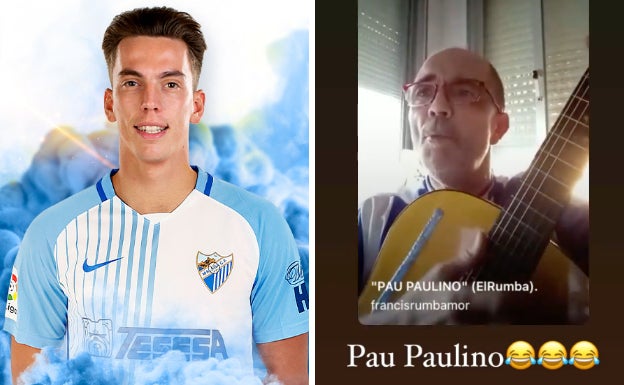 Paulino con la camiseta del Málaga (i) y el aficionado Francisco Millet, más conocido como Francis Rumba.