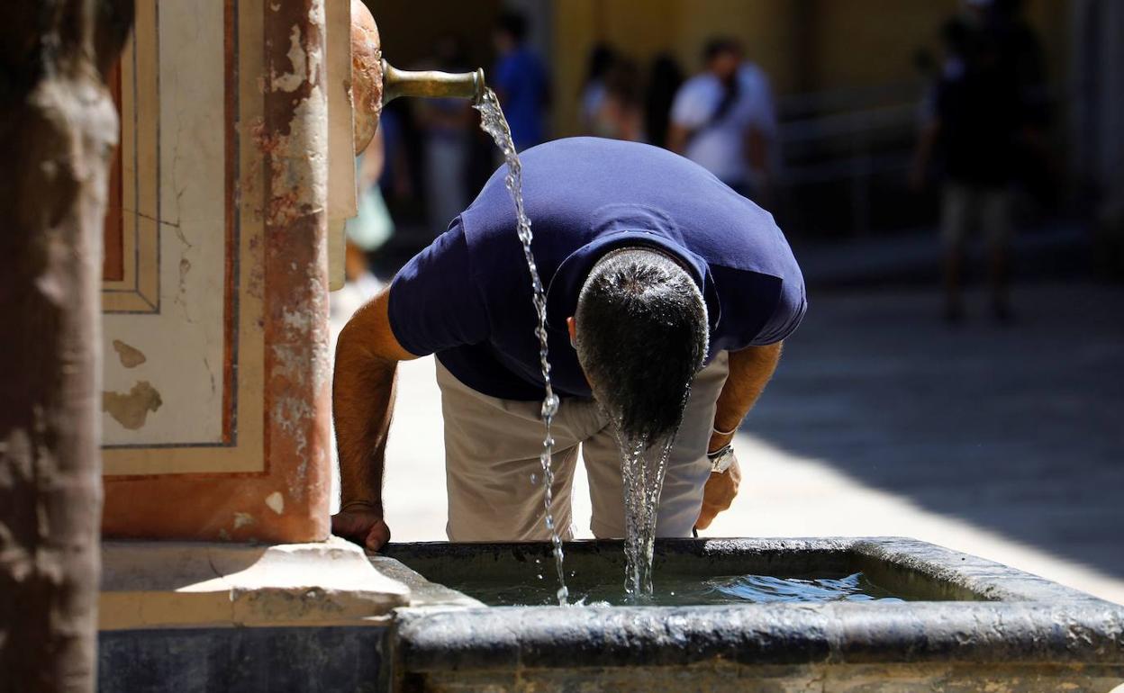 Un hombre se refresca en una fuente en un día de intenso calor en Andalucía. 