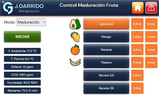 Pantalla del sistema de maduración de frutas subtropicales de J. Garrido Refrigeración. 