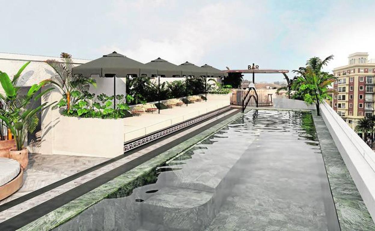 Recreación de la piscina en la terraza del nuevo hotel, con la plaza de La Marina al fondo.. 