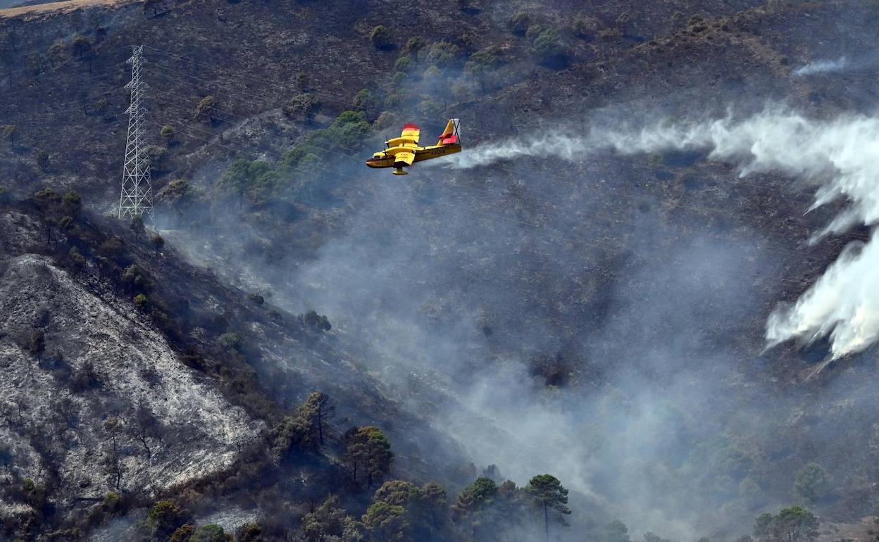 Hidroavión descargando sobre la montaña durante el incendio de Sierra Bermeja. 