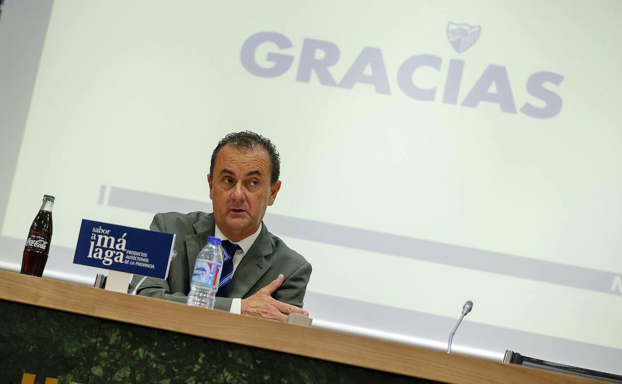 José María Muñoz, en la sala de prensa de La Rosaleda durante su última comparecencia pública. 