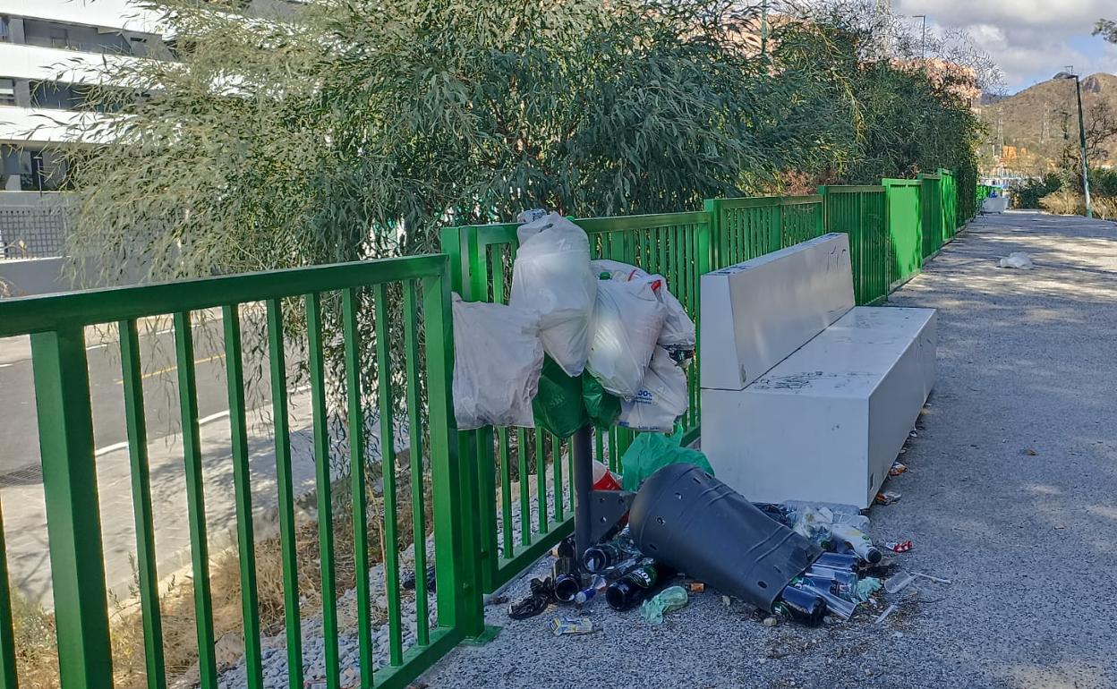 Un ciudadano observa la basura en los bancos colindantes. PEDRO J. QUERO