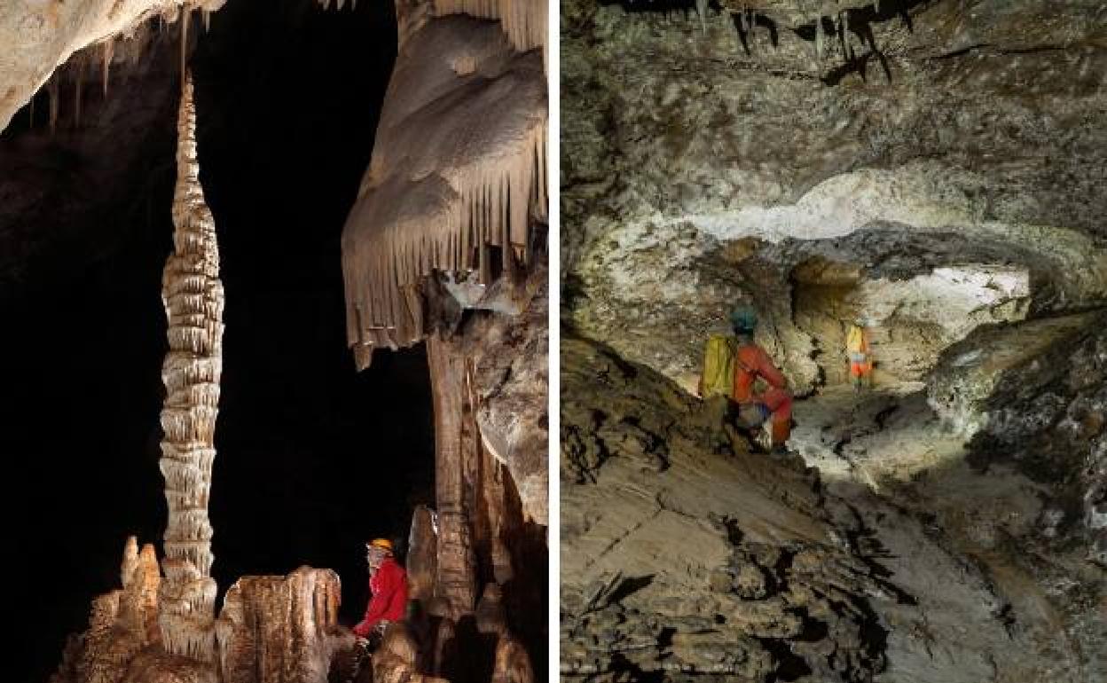 A la izquierda, estalagmita en la Cueva de los Órganos de Mollina. A la derecha, interior de una de las supercuevas da Sierra de las Nieves.