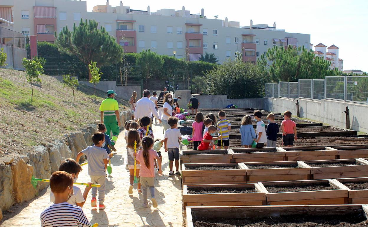Primeros escolares en pasar por el huerto urbano. 