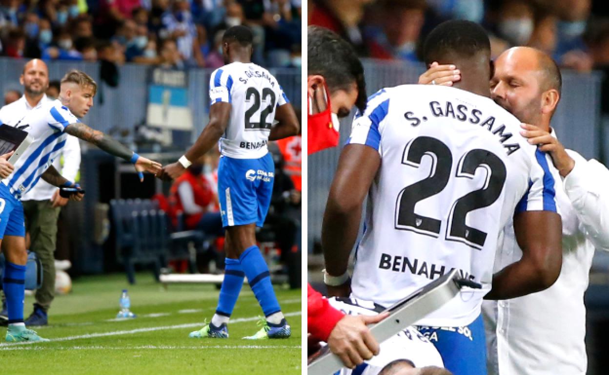 Secuencia del momento del cambio del jugador del Málaga Sekou Gassama por lesión. El entrenador, José Alberto, le anima.