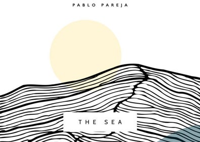 Imagen secundaria 1 - Pablo Pareja, a la guitarra e interpretando un tema junto a la portada de su composición 'The Sea'.