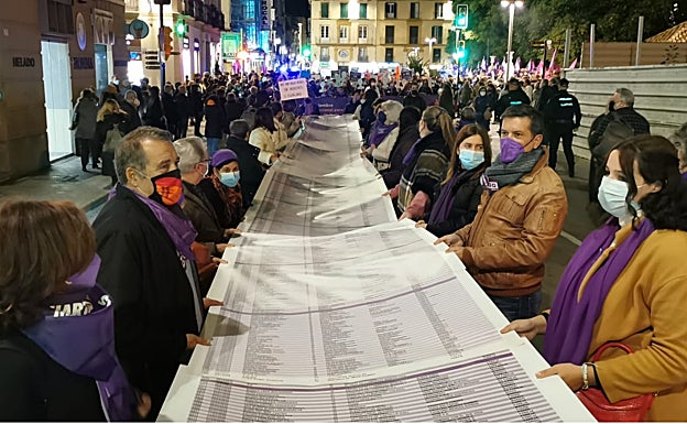 Un pergamino con los nombres de las 1.118 mujeres asesinadas en España desde 2003 encabezaba la manifestación en el Día de la Eliminación de la Violencia contra las Mujeres. 