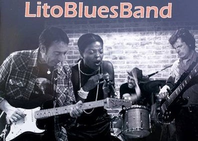 Imagen secundaria 1 - Lito Blues Band, al completo en una actuación. Debajo, portada de su disco 'Revisited' y concierto del grupo en Tabacalera el pasado verano.