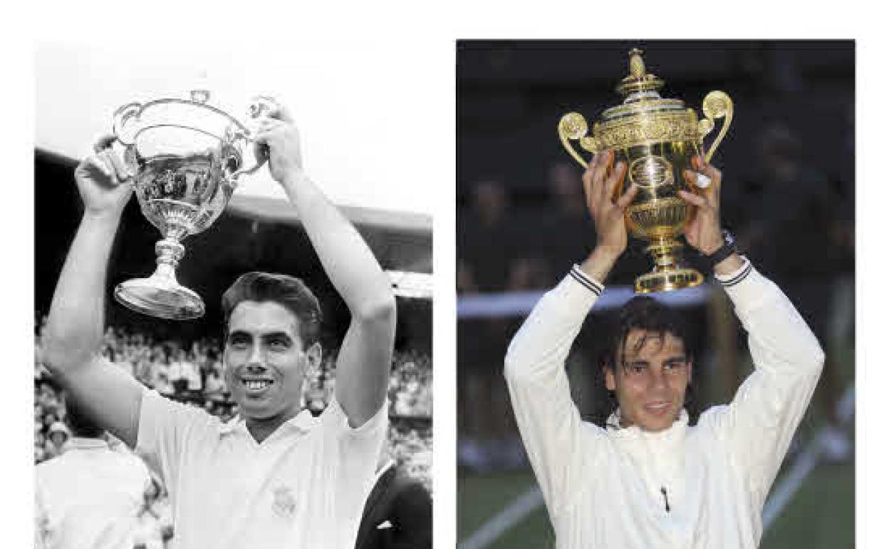 Manolo Santana y Rafa Nadal, triunfadores en Wimbledon en 1966 y 2008. 