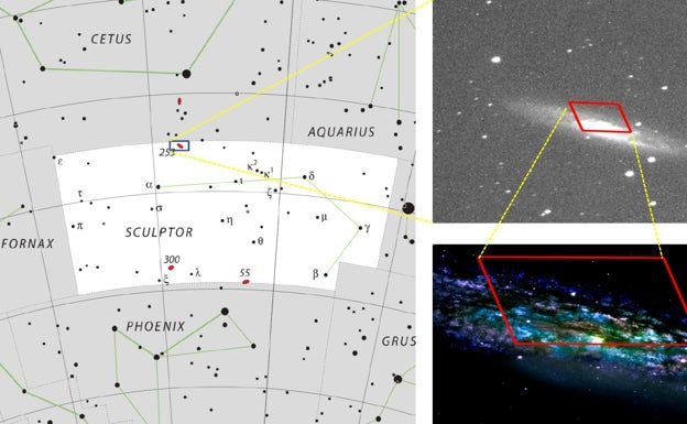 Ubicación de la Galaxia NGC 253 de la constelación austral del Escultor. 