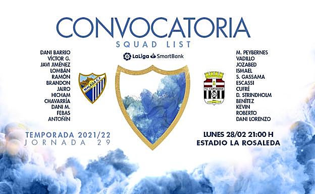 Convocatoria del Málaga para el partido contra el Cartagena.
