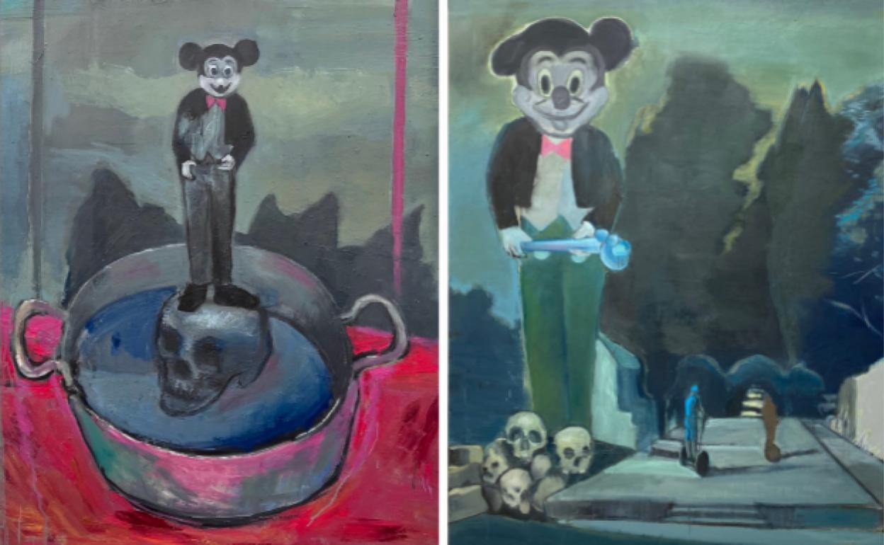 El símbolo de Mickey Mouse está presente en las exposiciones de Rafael Alvardo 'Wellcome' (izquieda) y 'Tempus fugit', que se exhiben en Nueva York y Miami, respectivamente. 