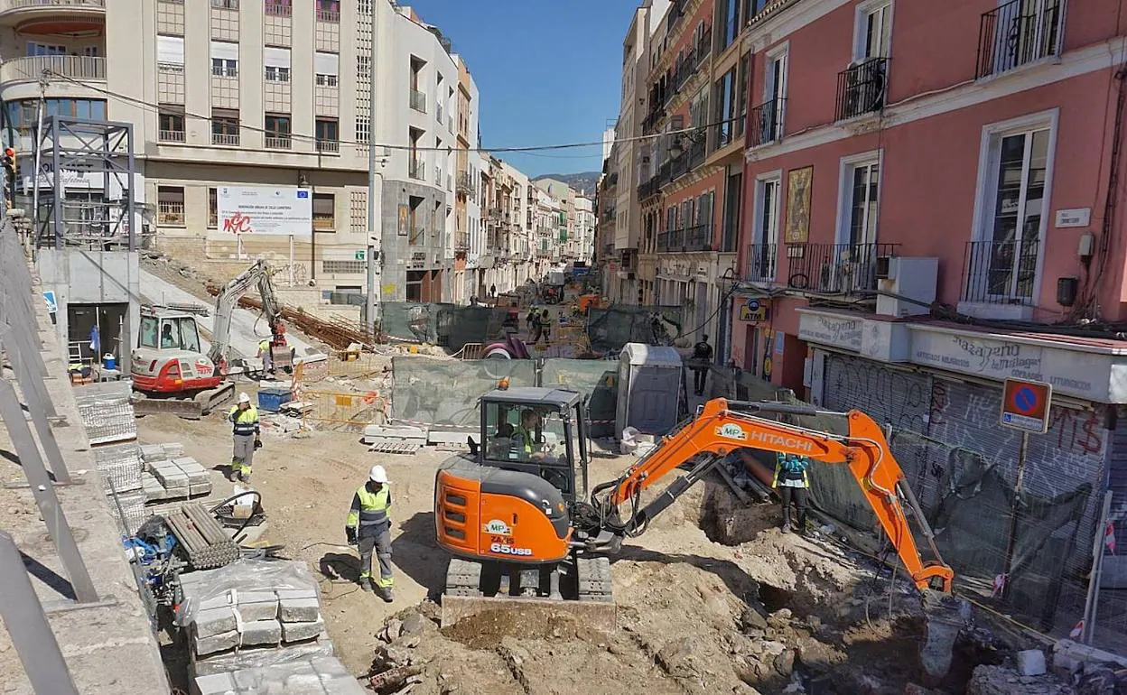 Estado de las obras para la semipeatonalización de la calle Carretería este miércoles. 