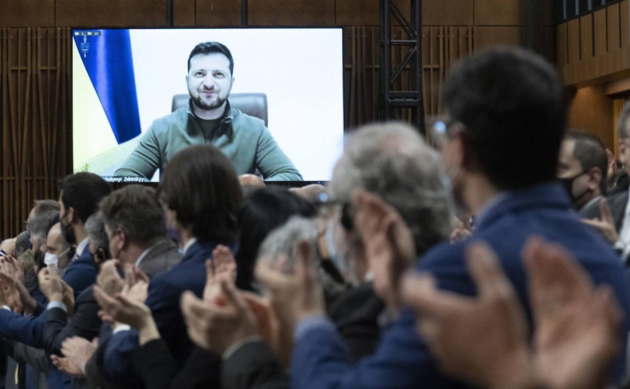 El presidente ucraniano, Volodímir Zelenski, en su intervención por videoconferencia ante el Parlamento canadiense el pasado día 15.