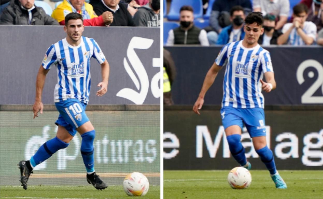 Los jugadores del Málaga, Jairo Sampeiro y Andrés Caro, durante el partido contra el Huesca en La Rosaleda.