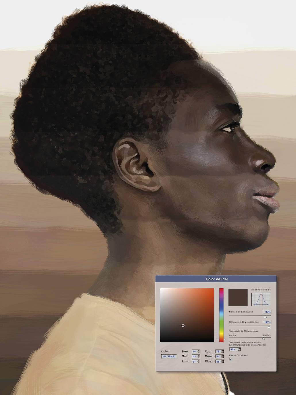 Un africano con los diferentes tonos de piel oscura del cuello a la frente.