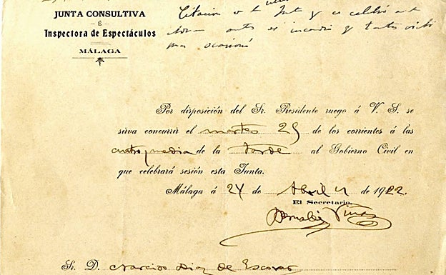 Citación dirigida el día antes del incendio a Narciso Díaz de Escovar para abordar la seguridad de los teatros frente a las llamas