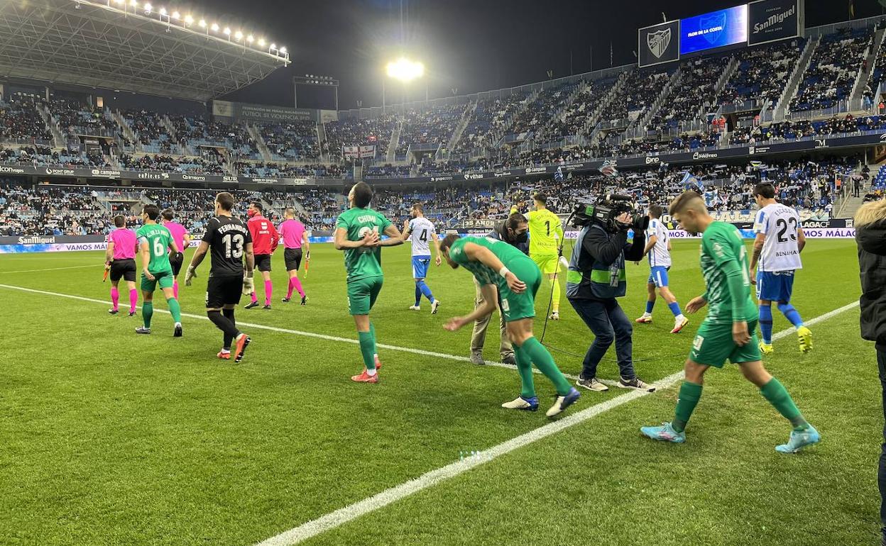 Salida al campo de La Rosaleda del Málaga y Almería en un partido de esta temporada.