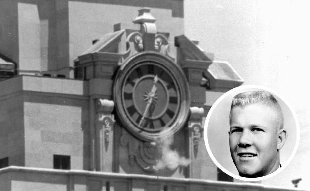 Disparos de Whitman desde la torre del campus. Abajo a la derecha, Charles Whitman. 