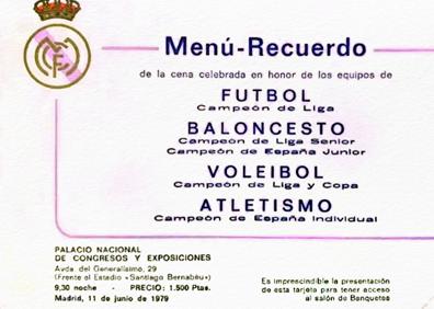 Imagen secundaria 1 - Kopa y Di Stefano en el banquete de celebración de la Champions 1958; Tarjeta de menú de 1979 y menú de 1979.