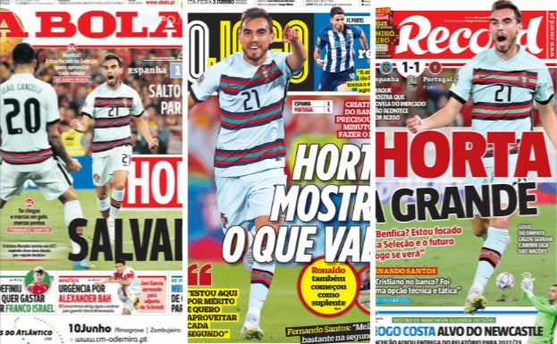 Portadas de los periódicos deportivos de Portugal, 'A Bola', 'Récord' y 'O jogo' sobre Horta tras su gol con Portugal.