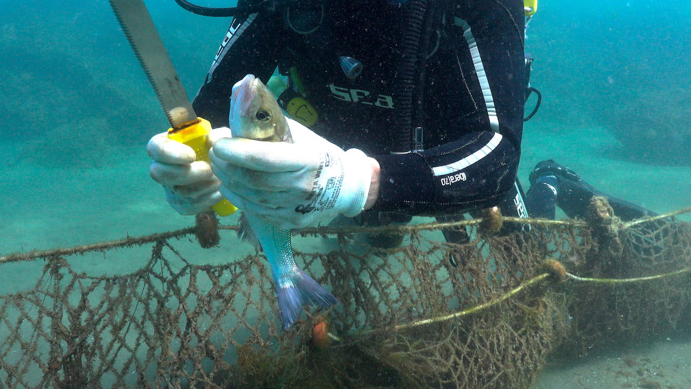 Fotos: Buceadores retiran una red abandonada frente a los Baños del Carmen