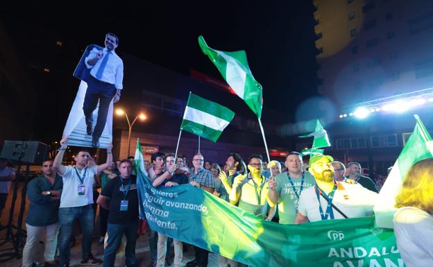 Imagen principal - Resultados elecciones Andalucía 2022: La euforia y los gritos de júbilo recorren la sede del PP Málaga, que vivió una gran fiesta