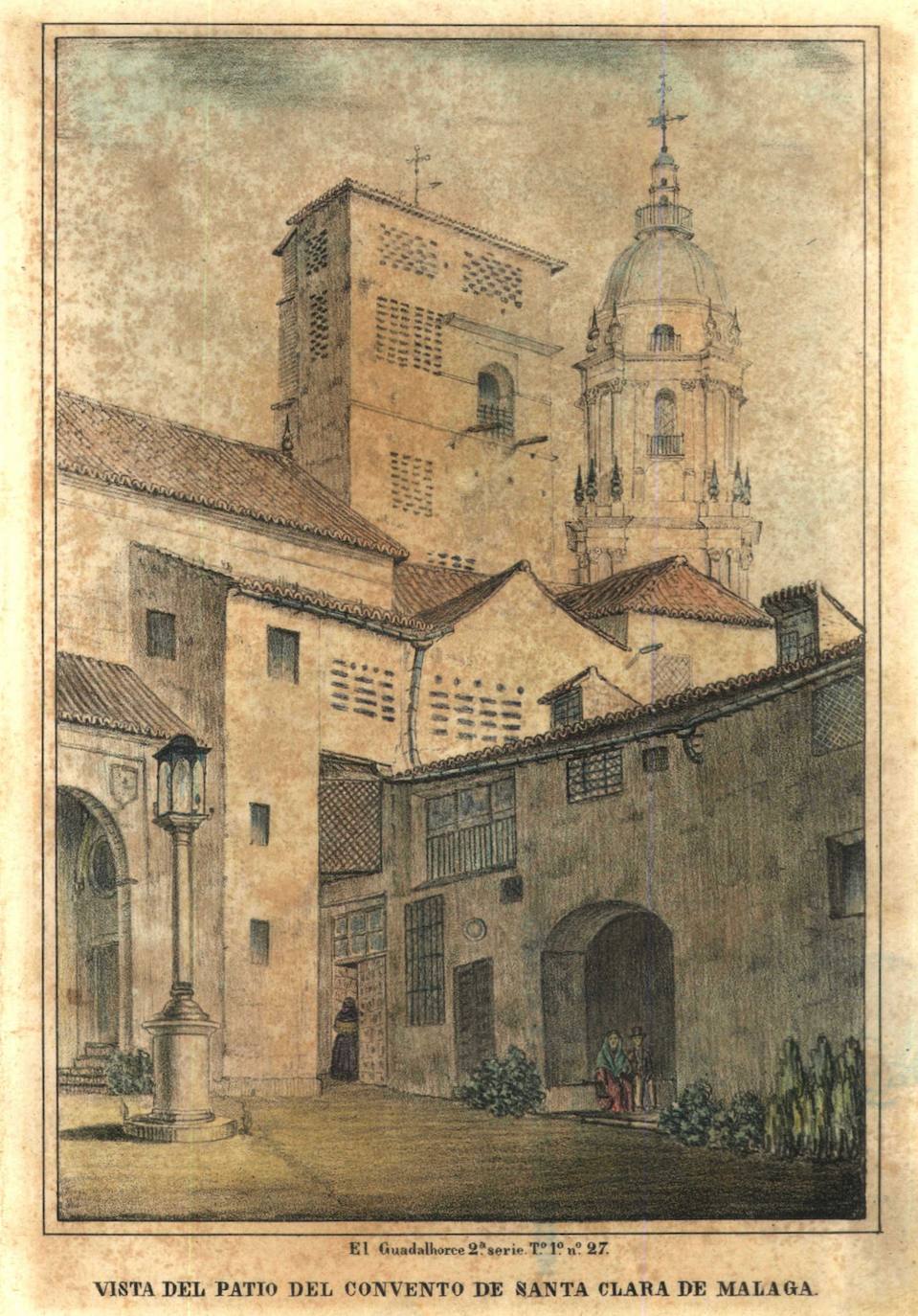 Lo que hoy es la plaza del Siglo era la entrada del convento de Santa Clara. Grabado del Guadalhorce, hacia 1840. 