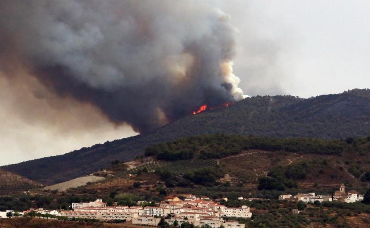 Vista del incendio forestal que sigue activo en el paraje 'Los Guájares'. 