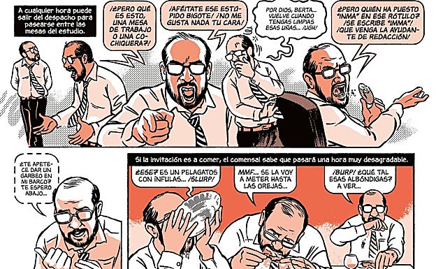 Imagen principal - En las imágenes, diferentes momentos del cómic en el que Quintá hacia uso déspota de su poder, su relación con Jordi Puyol y el abuso continuo con sus subordinadas. 