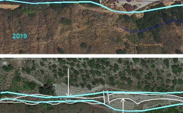 Imágenes aéreas de la zona donde se ha realizado la plantación junto al cauce del río canillero. 