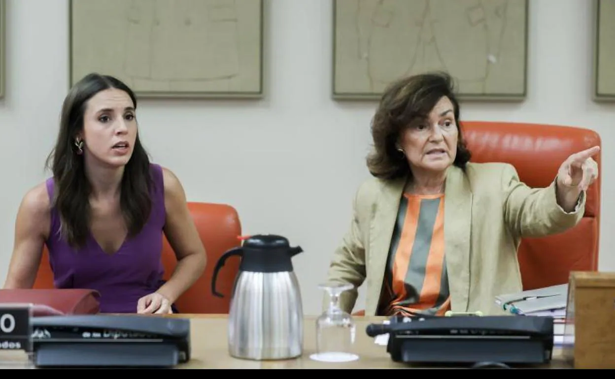 Irene Montero y Carmen Calvo en la comisión parlamentaria de Igualdad.