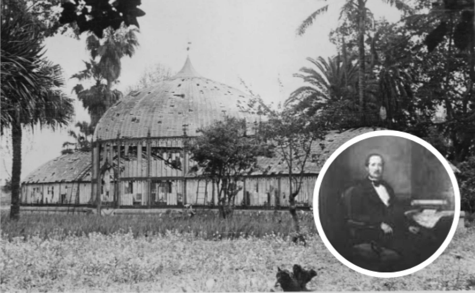 Los jardines de la finca La Aurora, en el barrio de El Perchel. En el detalle de la foto, retrato de Carlos Larios