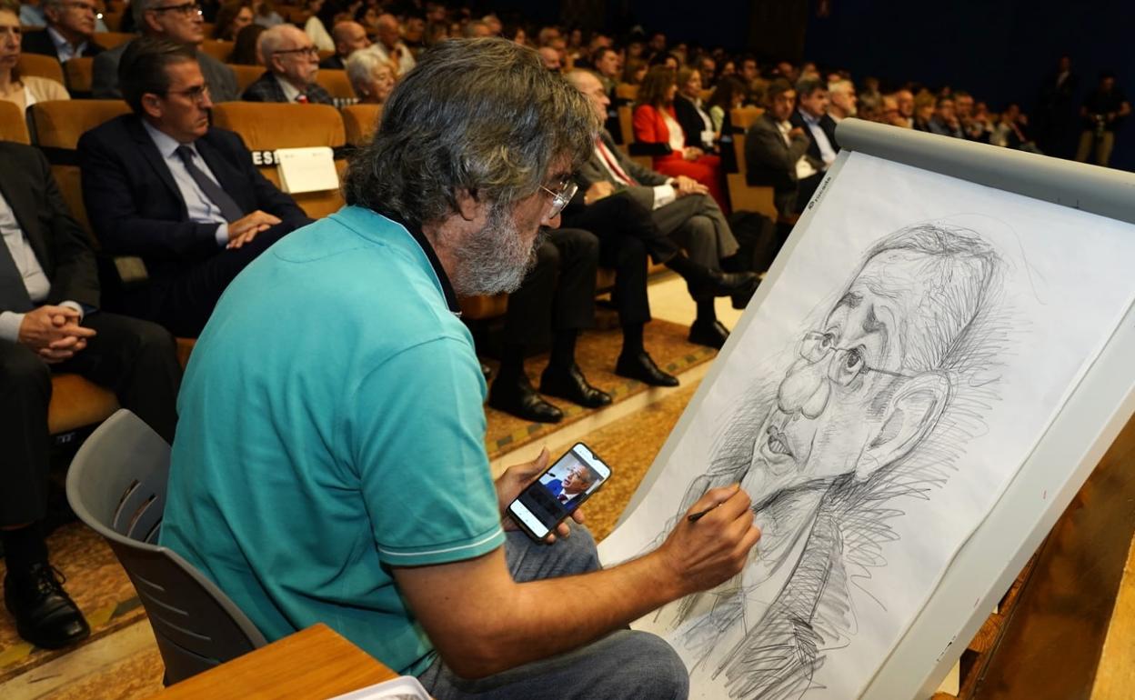 Ángel Idígoras, realizando el retrato de Hernández de Cos. 