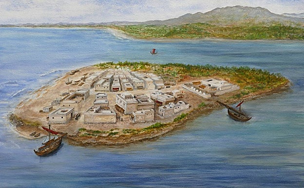 Recreación de la isla del Cerro del Villar, expuesta tanto a los eventos marinos como a las crecidas del río Guadalhorce. 