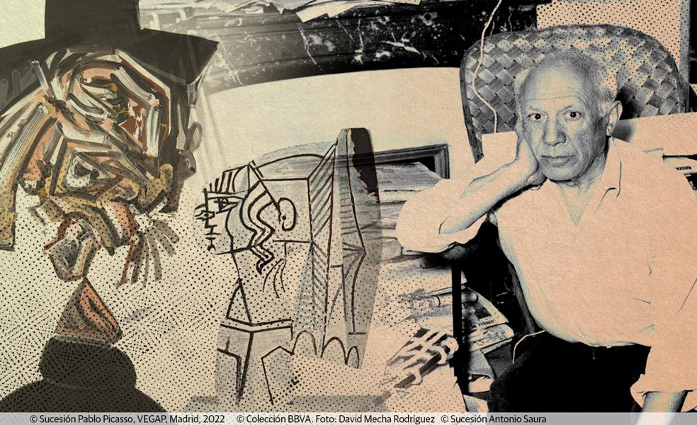 Montaje de las obras y el retrato de Picasso visto por el fotógrafo Juan Gyenes.