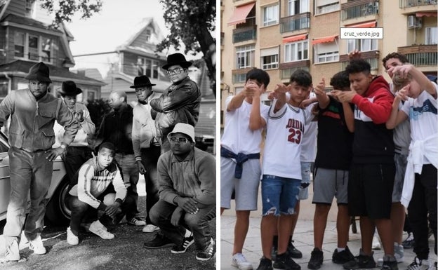 1984-2022. Dos imágenes paralelas de la fotógrafa en clave callejera: la banda de hip hop Run DMC de Nueva York y un grupo de chavales de la Cruz Verde. 