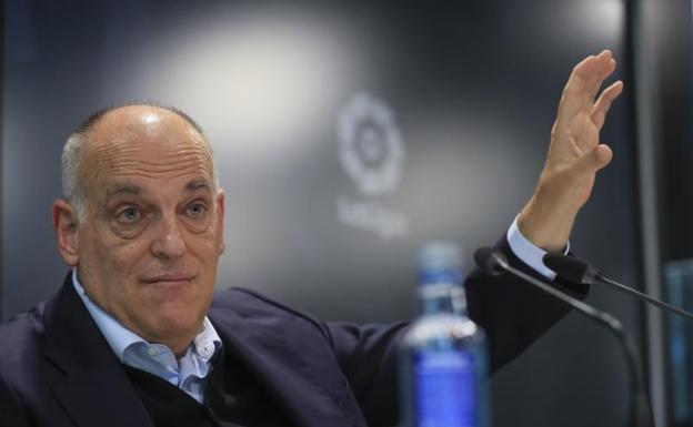 Javier Tebas, en conferencia de prensa tras la reunión de los clubes. 