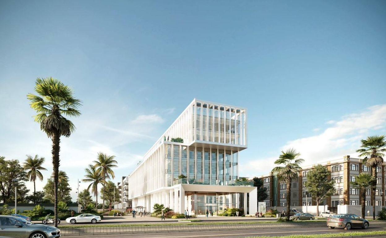 Recreación del edificio de oficinas que se levantará junto a la parcela de Tabacalera. 