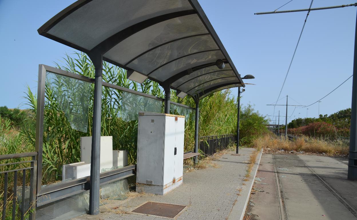 La infraestructura en desuso del tranvía, paralizado desde 2012, a su paso por la avenida Juan Carlos I de Vélez-Málaga. 