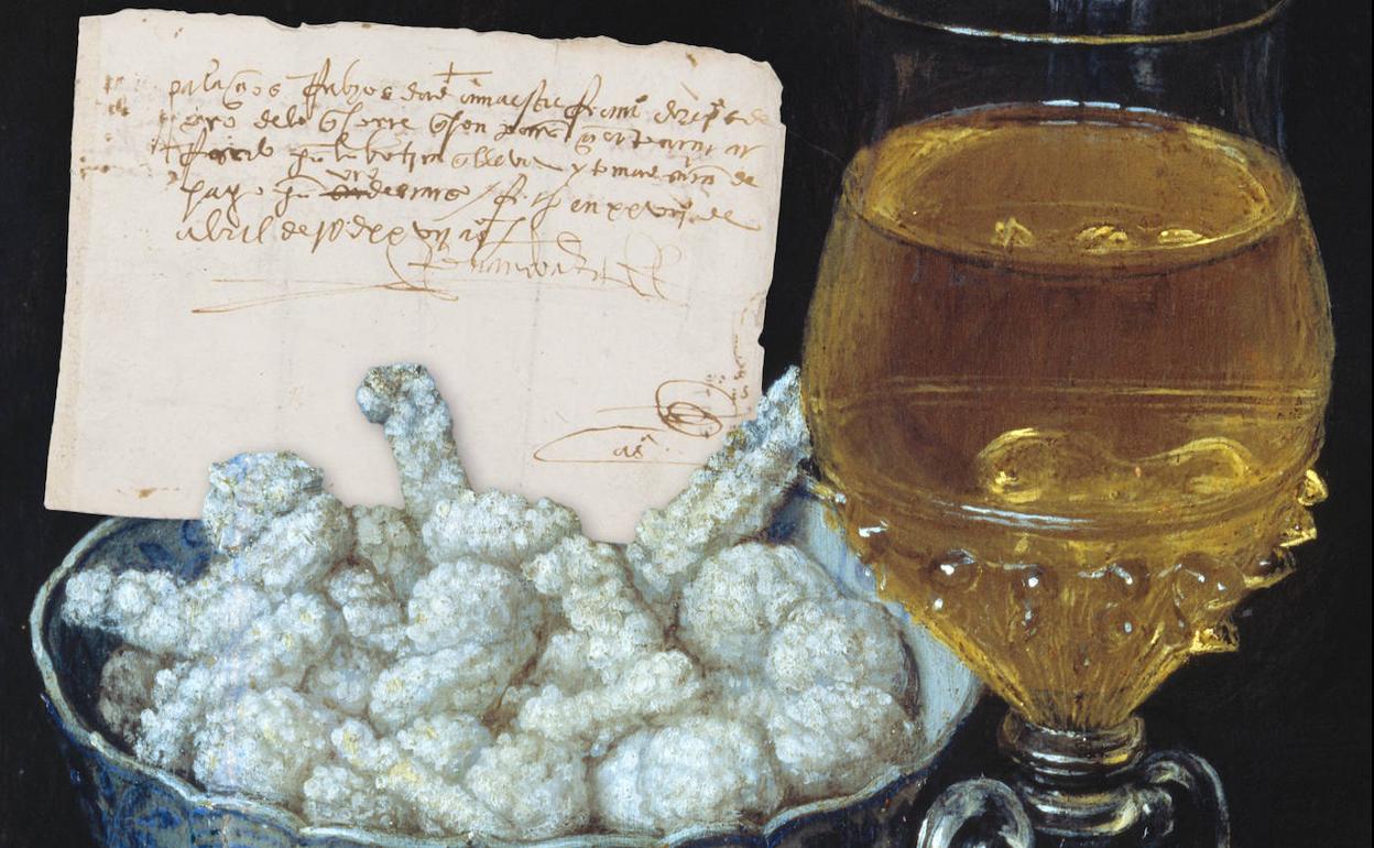 Confites de azúcar en un cuadro de Georg Flegel (s. XVII) y carta de pago firmada por Cortés.